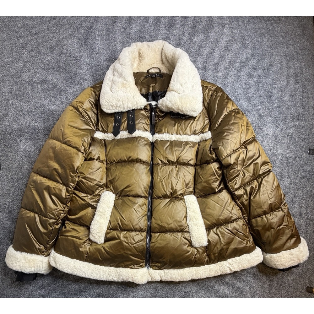 Laundry By Shelli Segal Women Satin Puffer Coat Jacket Faux Fur Trim Caramel XXL
